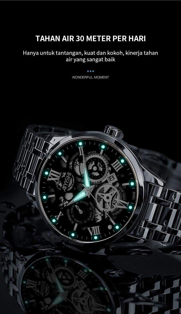Jam Tangan Pria AIYISHI Tipe Olahraga Multi-Fungsi dengan Mesin Kuarsa Otomatis, Kaca Jam Warna Hitam, Bahan Stainless Steel, Tahan Air 30 Meter, Garansi 2 Tahun-1806