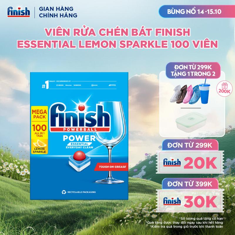 Viên Rửa Chén Bát Hương Chanh Finish Powerball Power Essential Lemon Sparkle - Dạng Thùng 100 viên siêu tiết kiệm