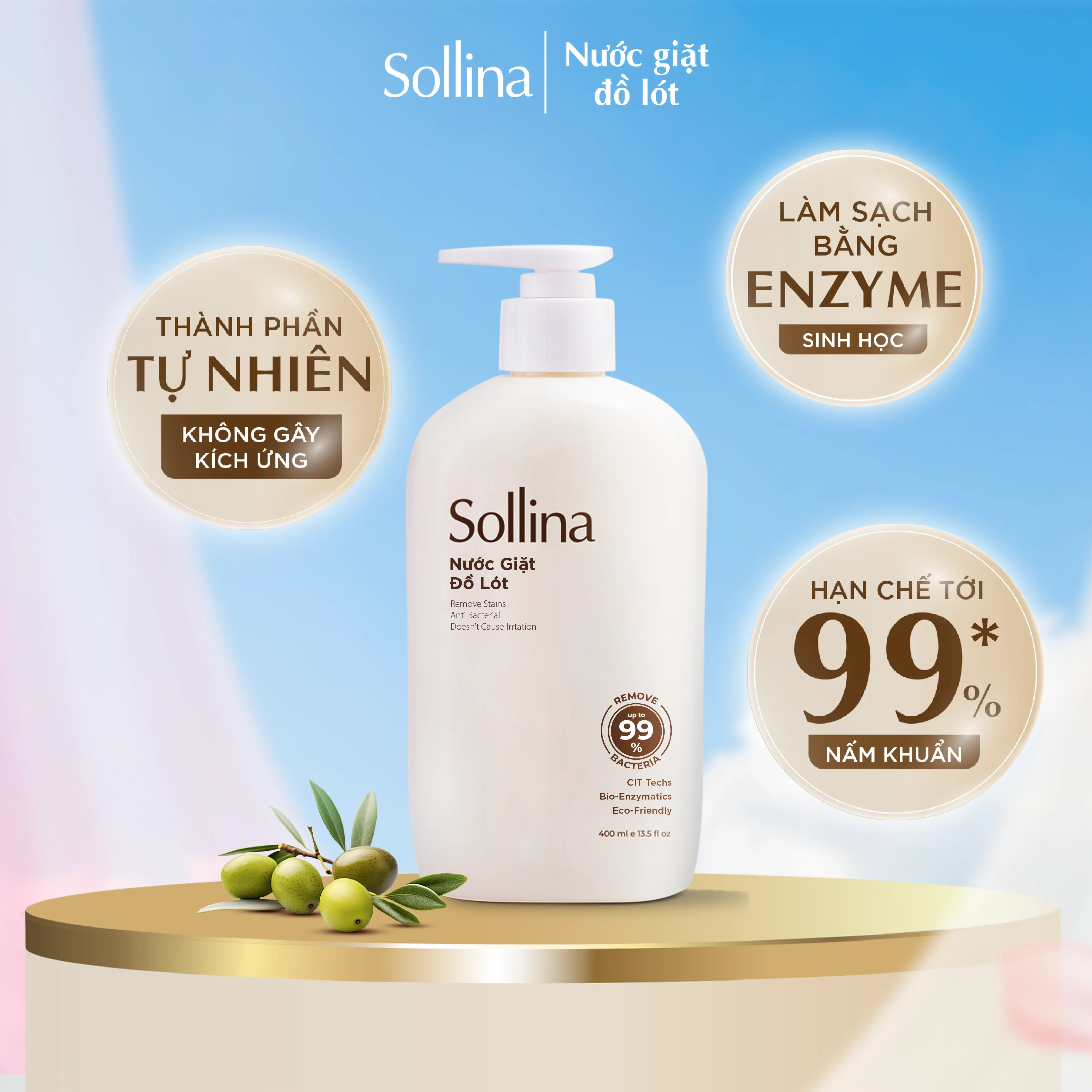 Nước giặt đồ lót chuyên dụng Sollina 400ML Hỗ trợ Làm Sạch & Kháng khuẩn, khử mùi, An toàn cho da nhạy cảm