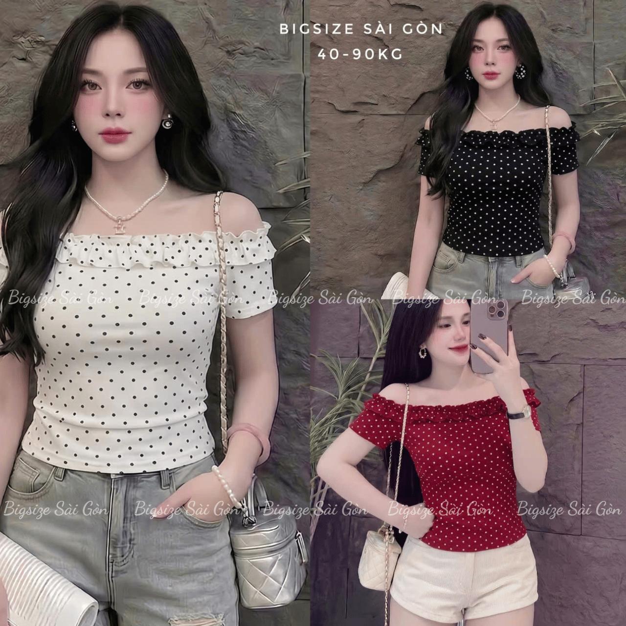 Áo Thun Nữ Trễ Vai Phối Chấm Bi (Chất Borit Chấm Bi Cotton Cao Cấp) Trẻ Trung Cho Nữ 45–90kg Béo Xinh Shop - B.1786