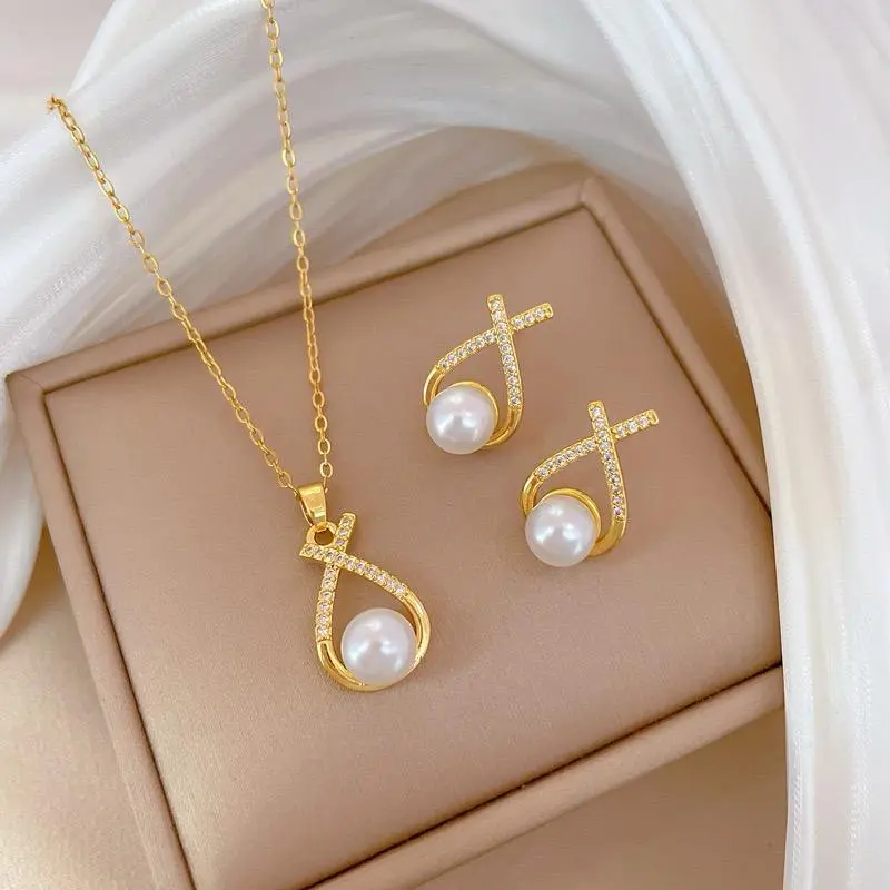 CCN Jewelry kalung Anting Sepaket Titanium Wanita Anti Karat Lapis Emas Berlian Perhiasan Anti Karat Anti Luntur Cantik Aneka Variasi C141 C142 0