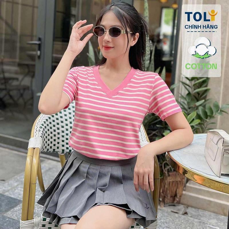  Áo thun nữ sọc ngang cổ V TOLI BSV33 – cotton 4 chiều form suông không kén dáng dễ mặc mọi lúc 