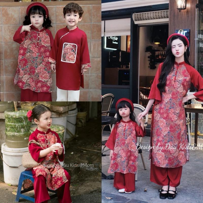  Áo dài Mẫu Đơn - Set áo dài đũi lụa cho mẹ và bé Đậu Kids&Mom 
