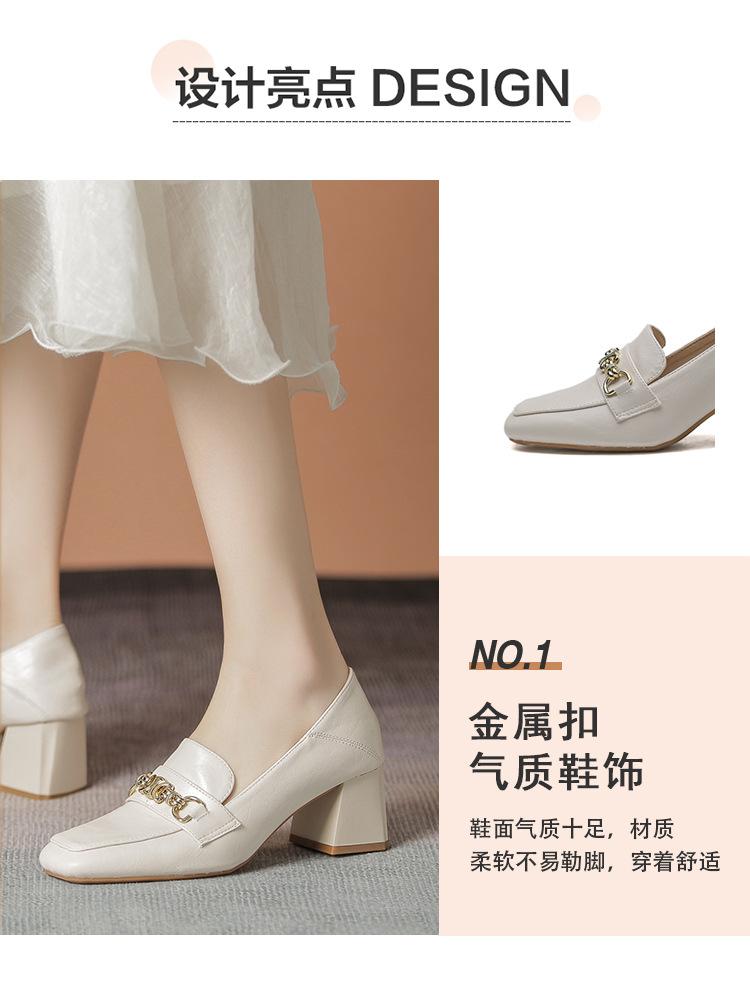 Product Introduction of Lefu shoes, white leather shoes, fashionable design, new high heels, square toe, thick heel shoes 4