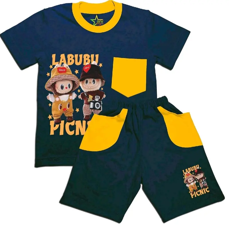 Stelan kaos anak karakter lucu Labubu picnic berbahan lembut usia 2-8th Fashion Celana Set Katun 0