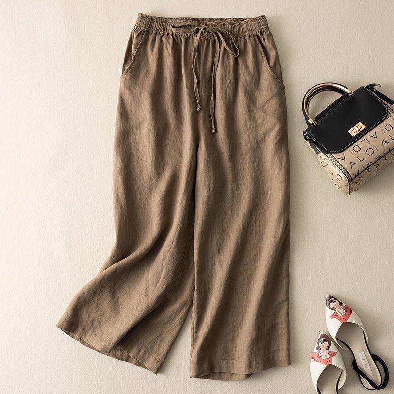 Quần nữ cotton và lanh quần cắt mỏng thoáng khí mới mùa hè quần ống đứng dáng rộng cạp cao thường ngày ống rộng xếp nếp 4