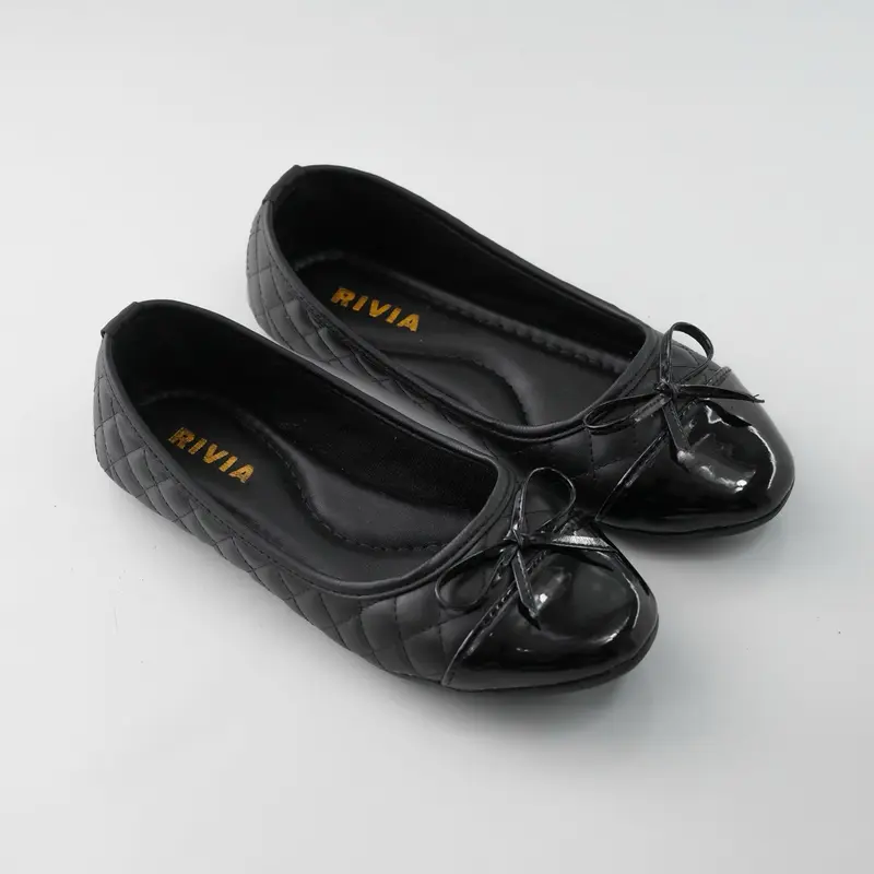 Sepatu Balet Kerja RIVIA Flatshoes Wanita Tali Iket Garis-Garis Empuk Sol Karet Hitam 0