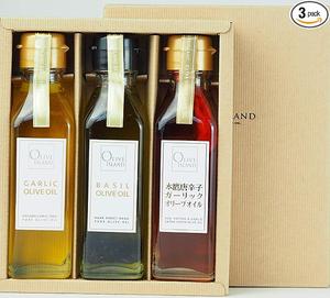 ガーリック・バジル・本鷹唐辛子ガーリックオリーブオイル 120ｍl 3本入り ギフトセット/BOX入り にんにく バジル オリーブオイル オリーブ 小豆島 国産 万能調味料 GIFTSET オリーブアイランド