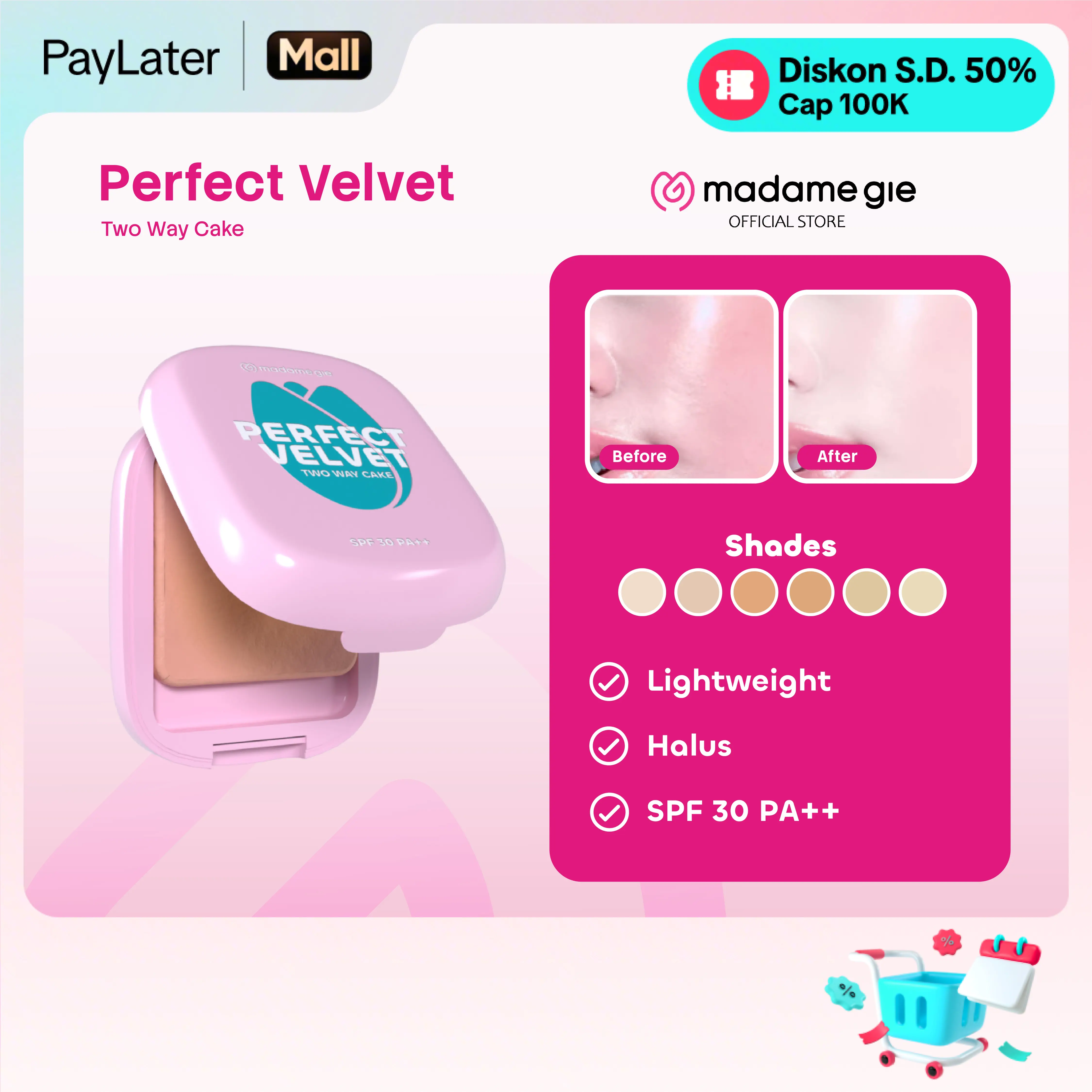 Madame Gie Perfect Velvet Two Way Cake SPF 30 PA++ Oil Control - MakeUp Bedak Padat | Velvety Matte Finish | Pore-blurring & smooth finish | Medium to full coverage