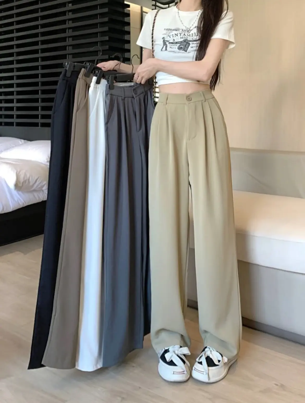 HAZO JEANS - P0007 Celana Kulot Kasual Loose Celana Panjang High Waist Wanita Korea Style Hitam Straight Pants Celana Wanita