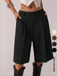 Shorts tipo Bermuda para mujer de color sólido, simples y elegantes para el trabajo, ideales para todas las estaciones, pantalones largos casuales de negocios, cómodos y con estilo