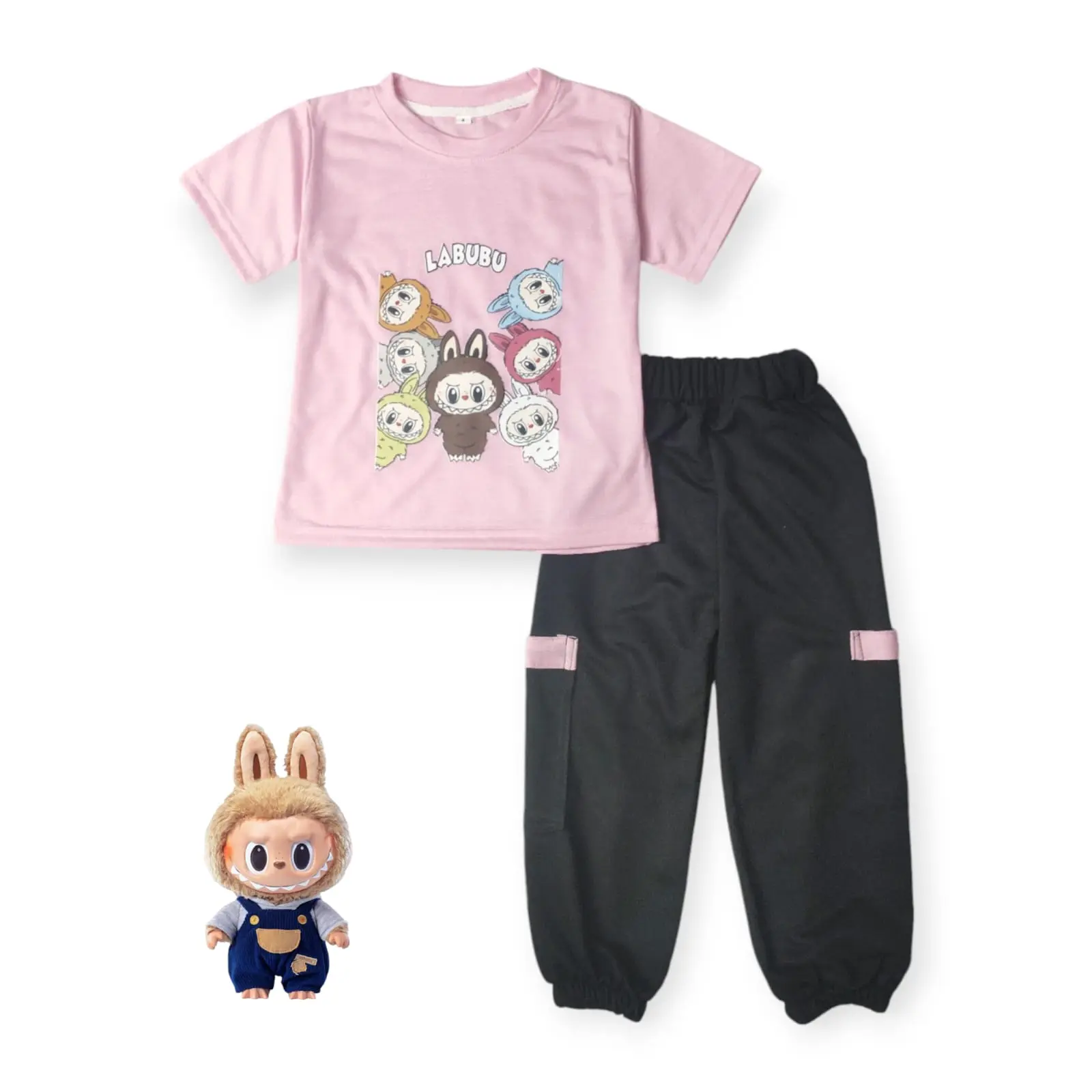 Suits & Sets Setelan Anak Perempuan Viral LABUBU Celana Joger Usia 1-10 Tahun - Fashion Parsel Pas Transparent TPE Beige oneset anak