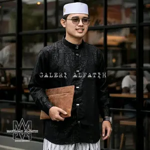 ALFATIH - baju koko sultan Etnik Kemko sultan embos kemeja koko pria lengan panjang Katun Hitam Navy Putih kasual kancing Muslim Slimfit Kantong Kain Motif Kurta Couple Kerah kemeja pria koko  pria 2026