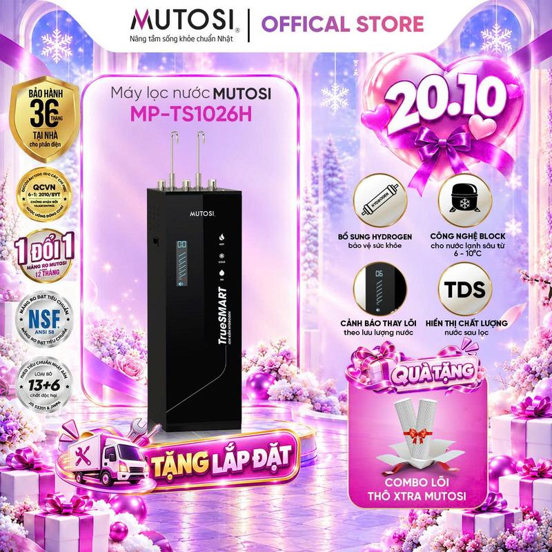 MUTOSI Máy Lọc Nước RO 10 Cấp Lọc MP-TS1026H TrueSMART Cảnh Báo Thay Lõi Thông Minh. 4 Chế Độ Nóng, Lạnh, RO Khoáng, ION Kiềm Hydrogen. Hiển Thị TDS Chất Lượng Nước Sau Lọc Chuẩn QCVN6-1:2010/BYT