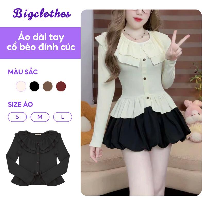 DEAL MỞ BÁN Áo Thun Nữ Dài Tay Cổ Bèo 2 Tầng BigClothes Áo Thu Đông Đính Cúc H05