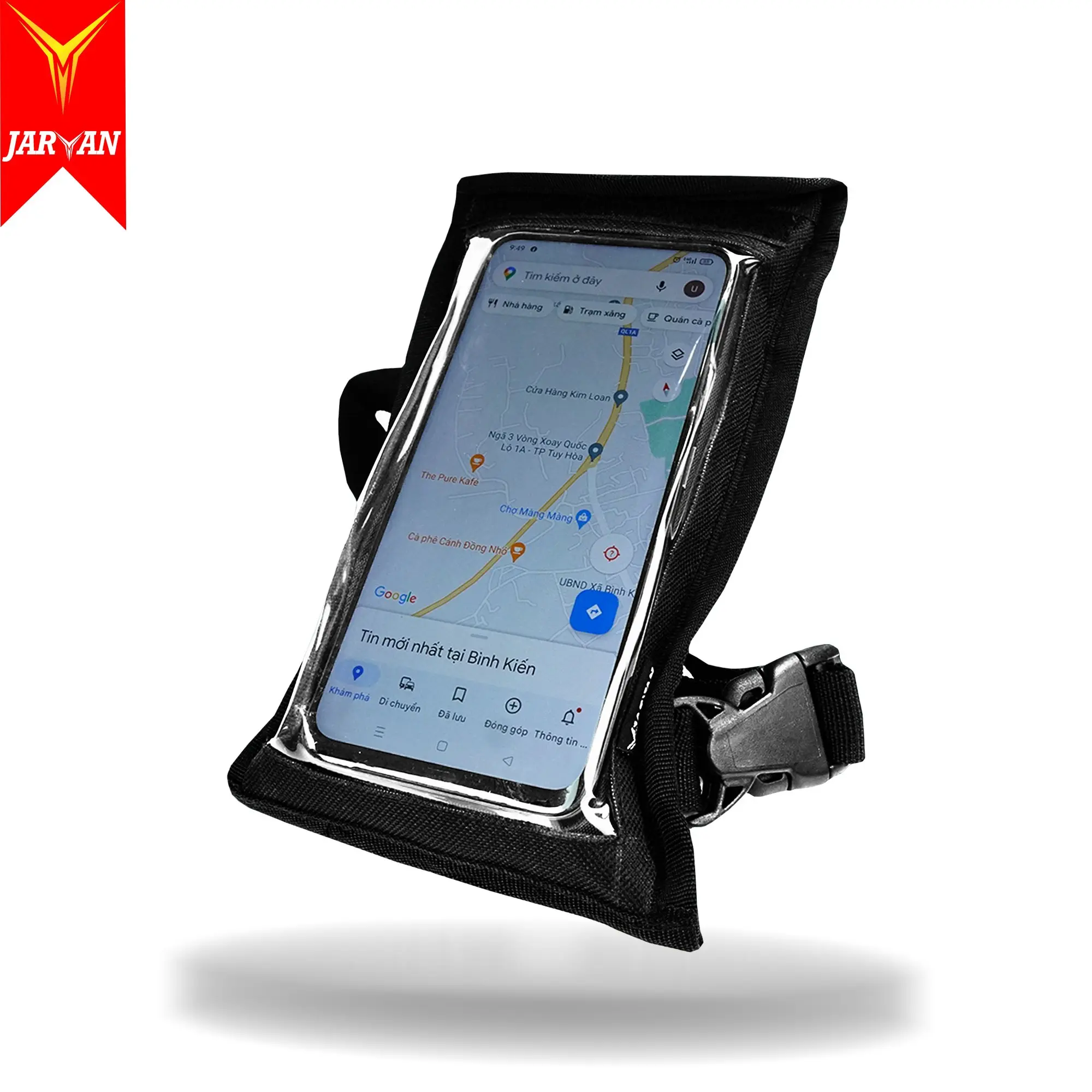 Chi tiết thiết kế mặt cảm ứng và vành che nắng của túi mini treo đầu xe máy JARVAN