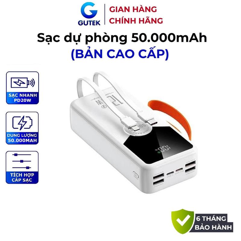 Sạc dự phòng 50000mAh Sạc nhanh PD20W Pin dung lượng lớn có sẵn dây sạc - Gutek GT230
