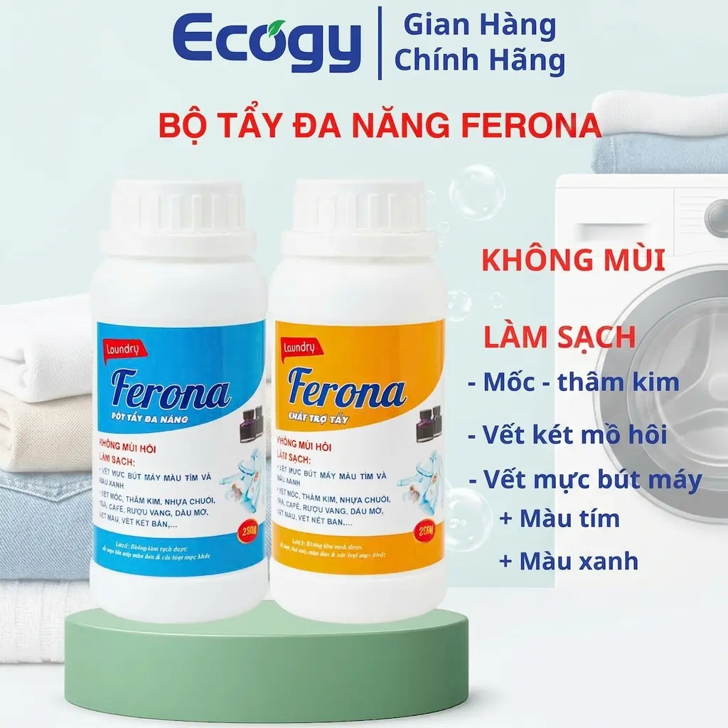 Bộ tẩy quần áo đa năng Ferona 500g/2 chai – Làm sạch vết mốc, thâm kim, ố mồ hôi, café, trà, rượu vang, nhựa chuối, dầu mỡ từ đồ ăn, mực bút máy màu tím & xanh – Không làm sạch vết mực bút máy màu đen và các vết màu dính trên quần áo