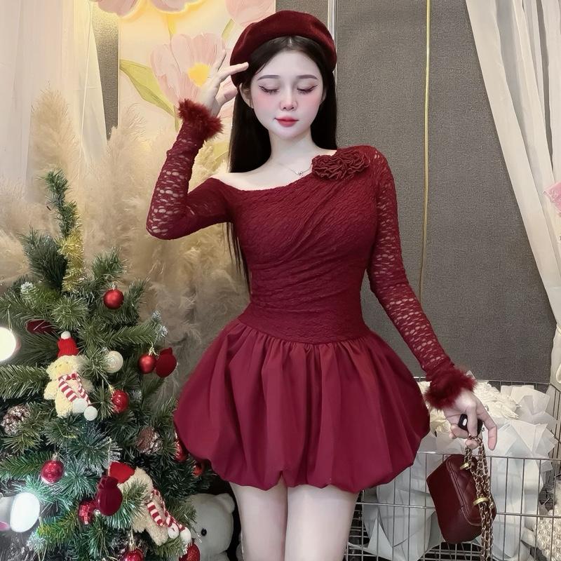  Pk696 Váy Ren Chân Thô Tay Lông Hoa Vai   ảnh thật  tôn dáng nữ tính,38-54kg sz S M 