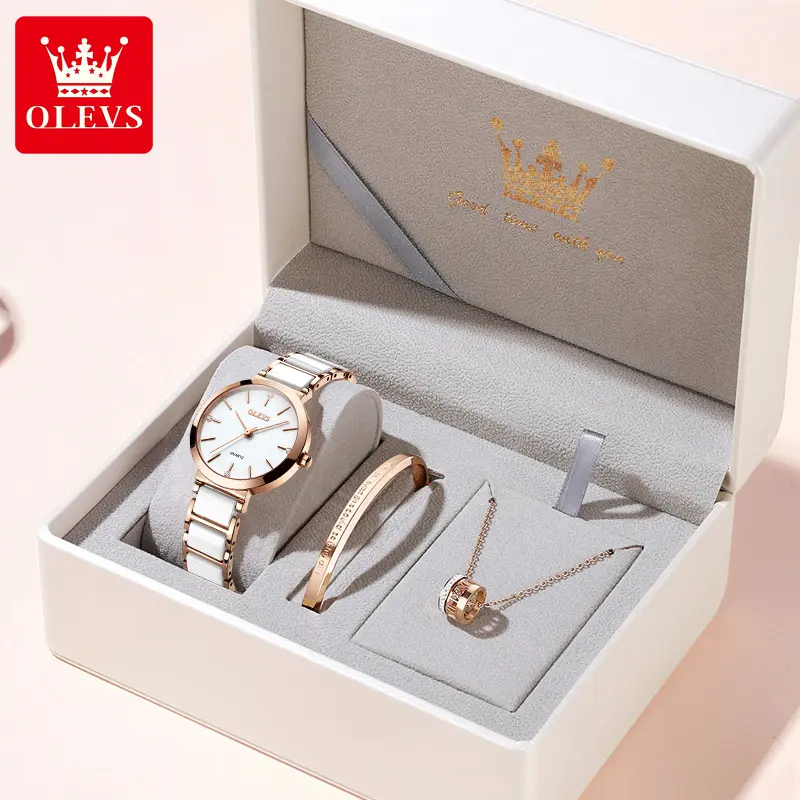 Jam Tangan Wanita, OLEVS, Pergerakan Kuarza Asal, Reka Bentuk Mudah, Dail Tiga Tangan Besar, Fesyen, Tali Seramik, Kalis Air, Set Mewah Gelang dan Kalung, 5877