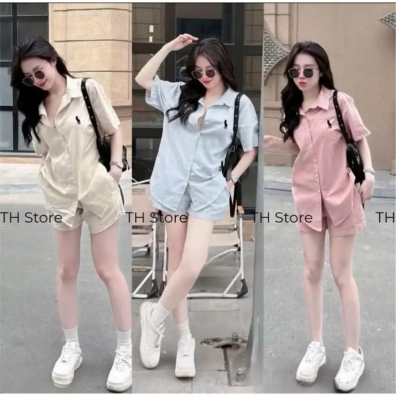 ￼Set Bộ Áo Sơ Mi Cộc Tay Thêu Ngựa Mix Quần Sooc Đùi Chất Thô Hàn mặc đi chơi, Du lịch hè