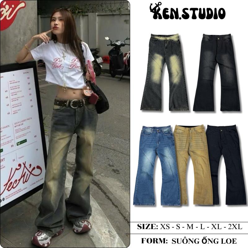 [ MỞ BÁN BST HÈ ] ALL FLARED JEANS WASH -  Quần jean Suông Wash loe Gấu gân chéo cá tính KEN.STU phong cách Vintage Unisex Nam, Nữ