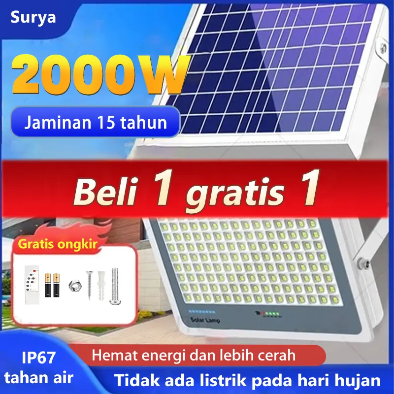 【Garansi 15 tahun】【Beli 1 Grati 1】 2000W Lampu tenaga surya outdoor Lampu taman luar tahan air otomatis outdoor with Power Display Timing Function lampu solar cell Outdoor Lamp with Remote Control Solar Panel IP67 Waterproof Solar Light 0