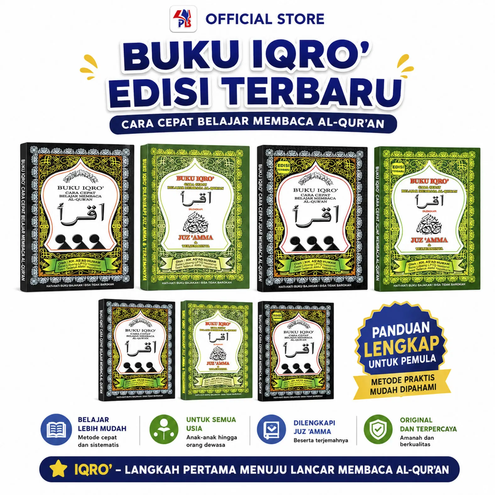 Buku Iqro Anak Iqra Anak BesarJilid 1 Sampai 6 dengan Juz Amma Cara Cepat Baca Al Quran HVS Dan CD Buram / AMM - AMM