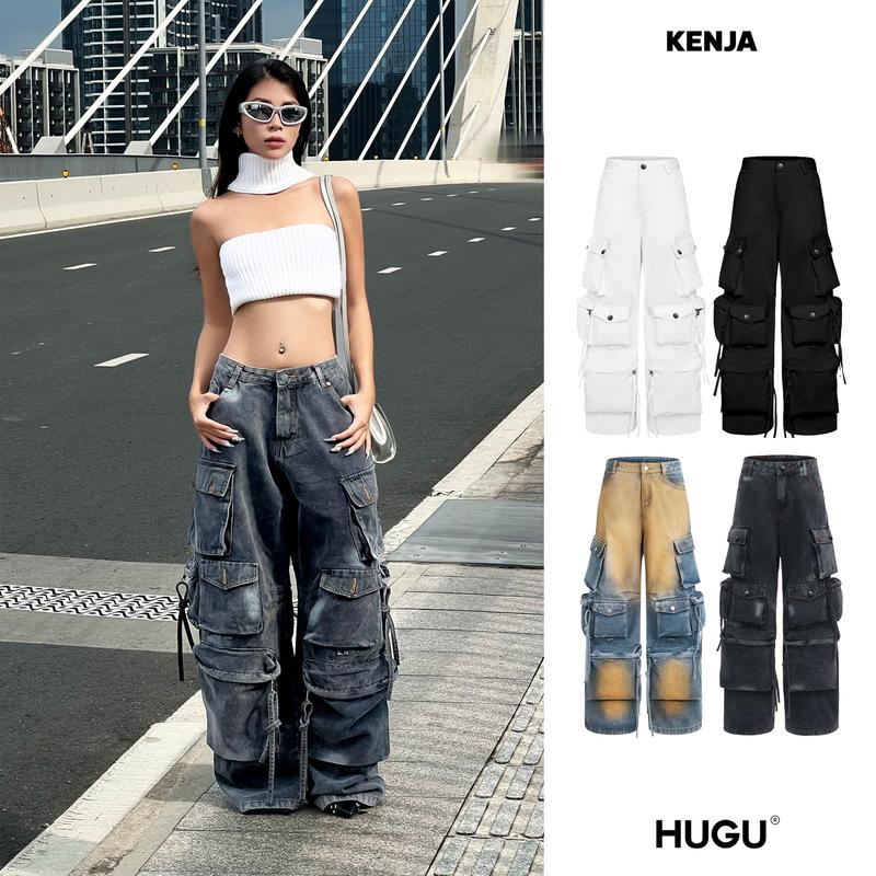 Quần form dài ống rộng local brand HUGU - KENJA - túi hộp, nút kim loại, unisex, màu wash, chất liệu kaki/ denim Nam Menswear Pants quanjean nam Kem