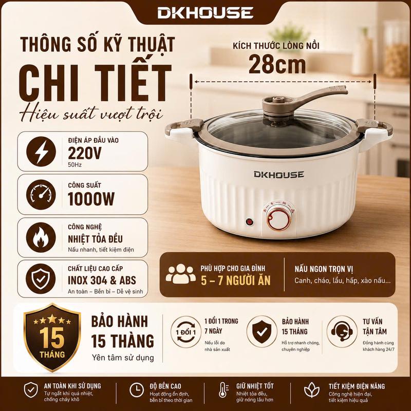 Nồi Áp Suất Đa Năng 28cm Không Vỉ Hấp DK HOUSE Dung Tích 3L, Nồi Hầm Đa Năng Công Suất 800W 4 Chế Độ Siêu Bền