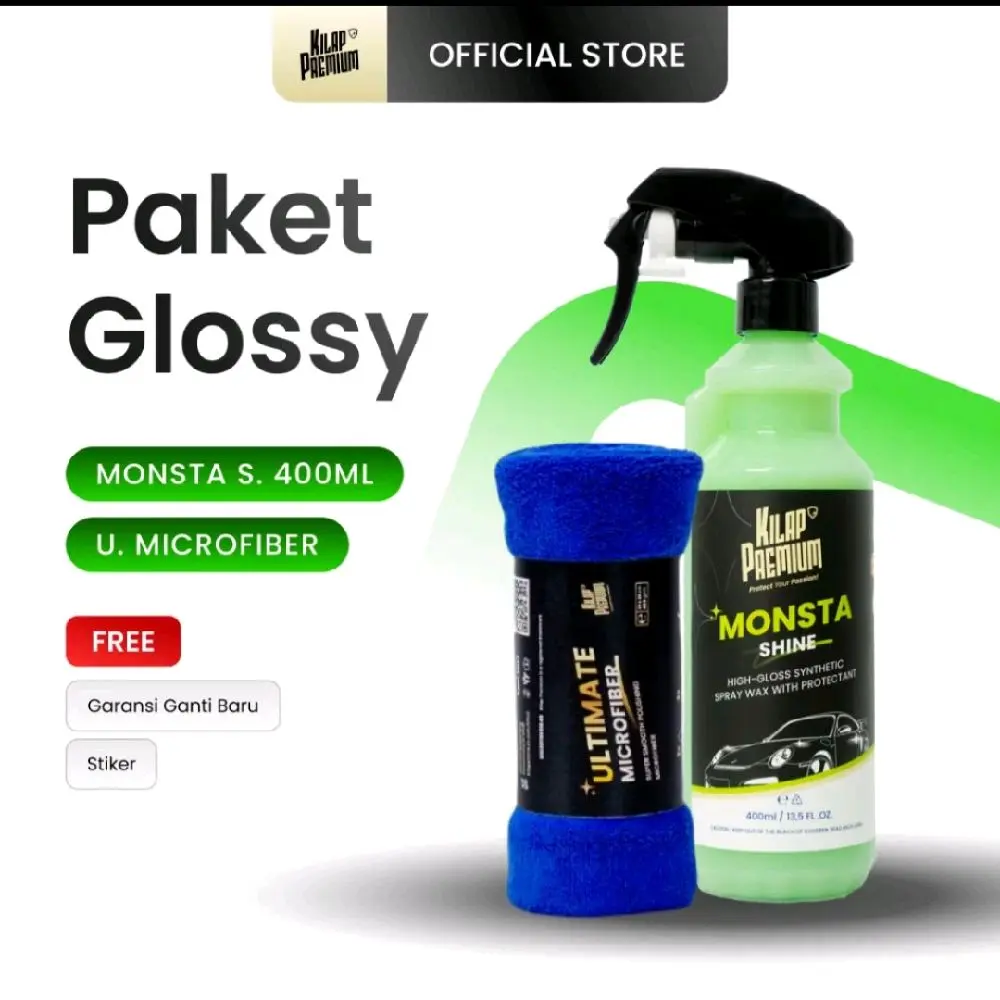 Paket Glossy (monsta shine 100 ml+ultimate microfiber)Kilap premium- pengkilap dan pelindung body glossy motor,mobil dan helm glossy