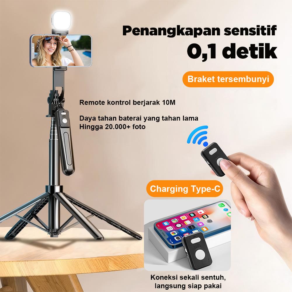 NEXID A17 4in1 Tongsis Tripod Bluetooth 1.8m dengan 4 Kaki Stainless Steel Fill Light & Remote Control 10M Cocok untuk Handphone Kamera S30