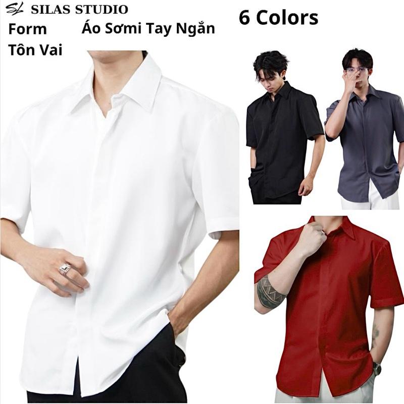 Form Tôn Vai Áo Sơ mi Tay Ngắn SILAS Trơn Cotton Chéo Nam Giấu Cúc Cổ Bẻ Thoáng Mát - ASL34