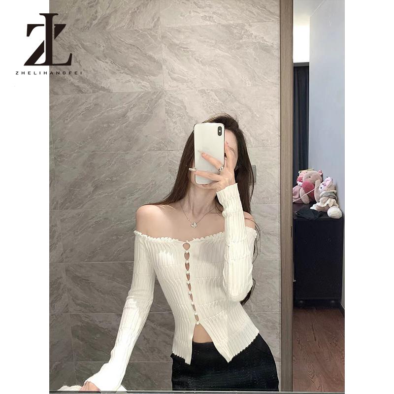 Áo len dệt kim ngọc trai thời trang mùa thu dành cho nữ Áo len dệt kim một vai dáng ôm vừa vặn