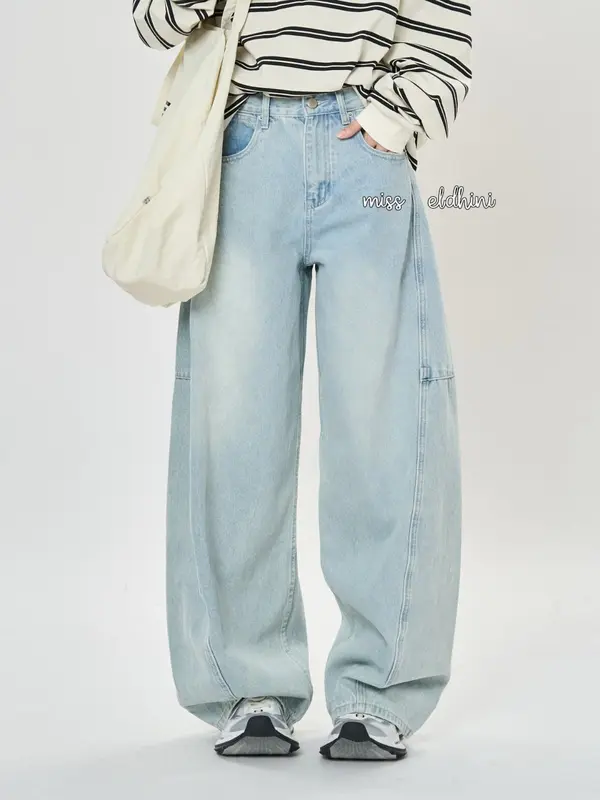 [UNISEX] BARREL JEANS Baggy Curve Jeans (Barrel Leg Jeans)big size pants  barel raw denim wanita BIRU RETRO XXXXL/4XL