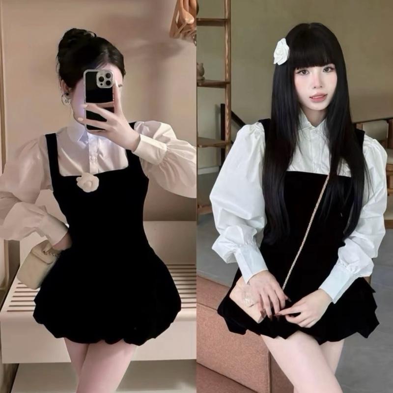 Bèo Béo Bigsize Set Nhung Yếm Bi Phối Sơ Mi Trắng Kèm Hoa Trà Form Bigsize 60-90Kg Váy Dự Tiệc Nữ