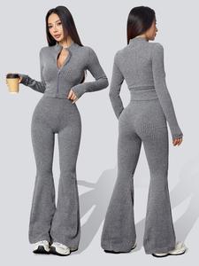 Conjunto de dos piezas para mujer, chaqueta acanalada de punto y pantalones acampanados de cintura alta, casual ajustado para yoga y gimnasio