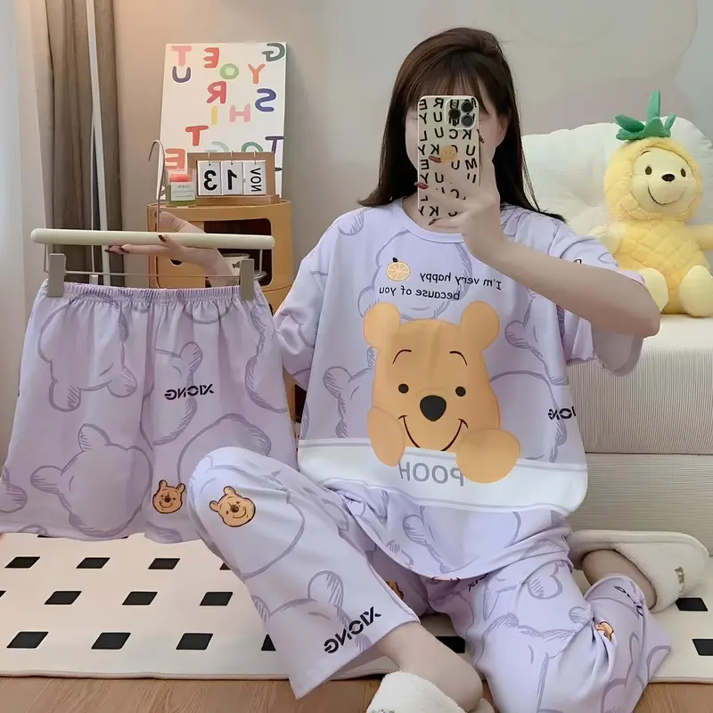 Set Piyama 3 in 1 Wanita Dewasa - Baju Tidur Lengan Pendek + 2 Pcs Celana Tidur Panjang Pendek Fit 0