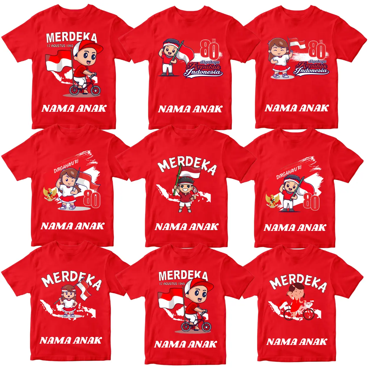 Kaos anak 17 agustus Kemerdekaan Indonesia Usia 1 2 3 4 5 6 7 8 9 10 11 12 Tahun Gratis Custome Nama Combed Cotton Distro