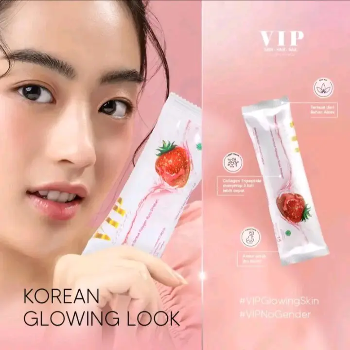 VIP COLLAGEN DRINK MINUMAN SERBUK RASA STRAWBERRY 1 BOX ISI 20 SASHET FISH