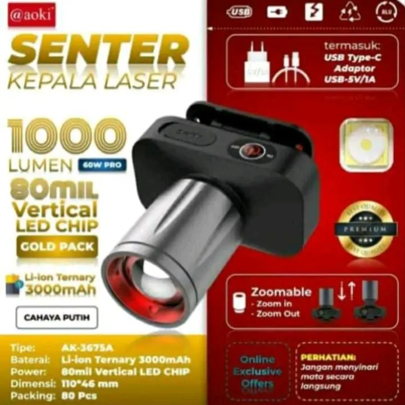 Aoki Senter Kepala Ak-3675A ZOOM 1000Lumen 80MIL VERTICAL LED CHIP 60W PRO 0