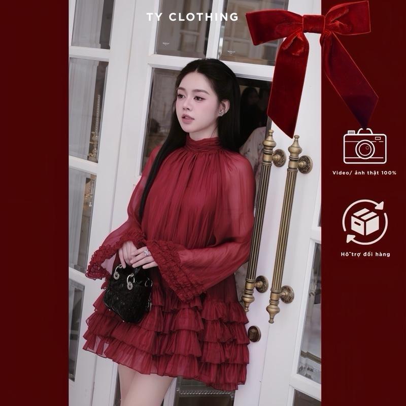    TY CLOTHING   Váy voan tơ xốp tay xoè bồng tiểu thư đi tiệc sang chảnh - Đỏ Đô - Hàng Thiết Kế 