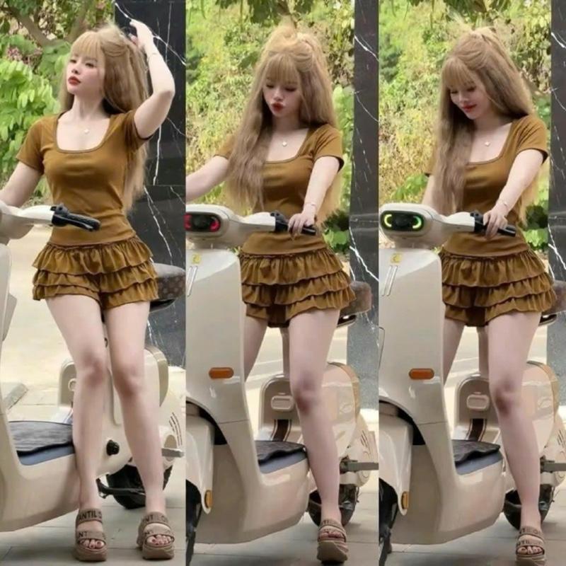 [B69] Sét bộ nữ chân váy tầng kèm áo cổ vuông tay ngắn size dưới 55kg  Phong Cách Trẻ Trung Năng Động