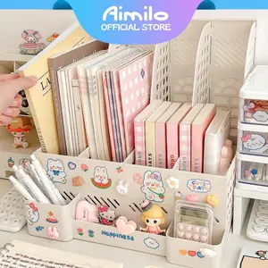[Ready] Aimilo Rak Buku Desktop Organizer Plastik Tebal 325×304×263mm 4 Kompartemen dengan Kotak Pena