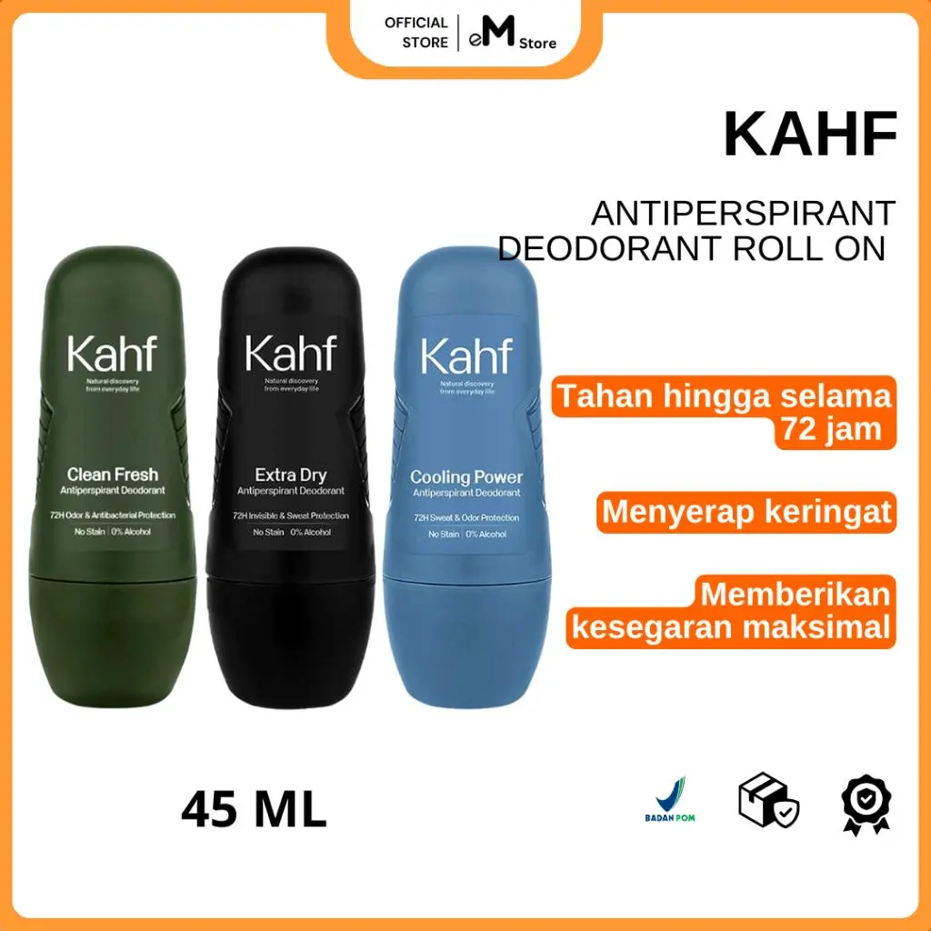 KAHF - ANTIPERSPIRANT DEODORANT ROLL ON 45ML | Deodorant Pria CLEAN FRESH EXTRA DRY COOLING POWER Tubuh Ketiak