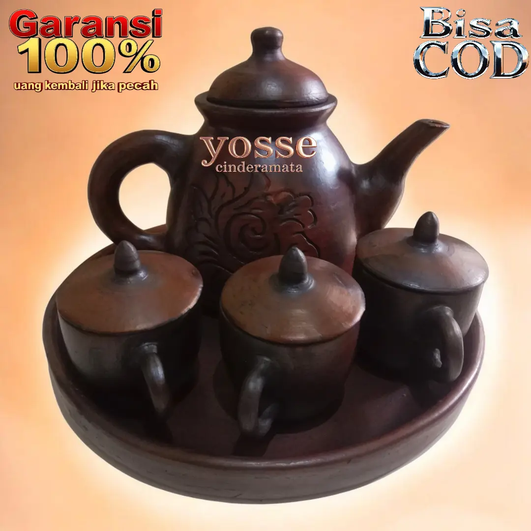 teko set kendi set porong set grabah tanah liat beserta 1 nampan 3 cangkir bergaransi uang kembali 100% jika pecah kitchenware