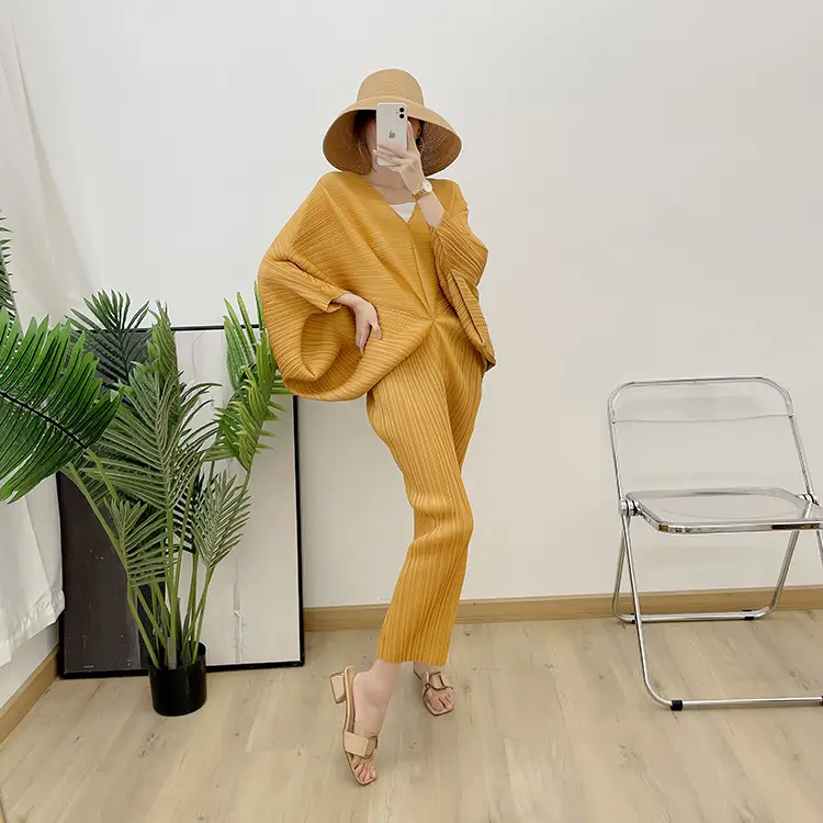 Fashion Raya Muslimah pleated batwing long dresses women's solid color loose puls size V-neck high stretch casual dress