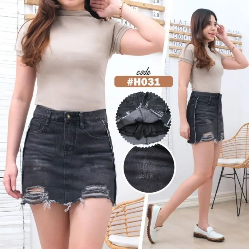 hot pants korean style Rok jeans wanita/ high waisted short /celana wanita sobek rawis R-031 snow black