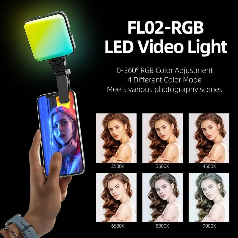 Seanuo-Fill RGB LED mini Light High Power Rechargeable Clip Fill Video Light Adjusted 4 Light Modes for Phone for Makeup Vlog Video Conference FL02RGB