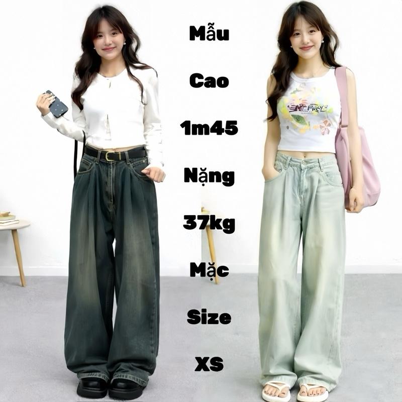   JEAN NẤM LÙN  Quần Jean Ống Suông Xếp Li Eo Nhún Nữ Màu bụi Retro cho Nấm Lùn 9 Tấc 90cm Lưng Cạp Cao Xuông Rộng size xs jeans Pants 